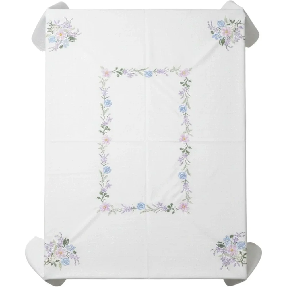 Vintage Floral Cross Stitch Embroidered White Rectangular Tablecloth Cottagecore